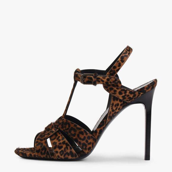 Saint Laurent YSL Tribute Black Brown Leopard Pony T Strap Sandal Heel Pump 39.5 - Picture 7 of 12